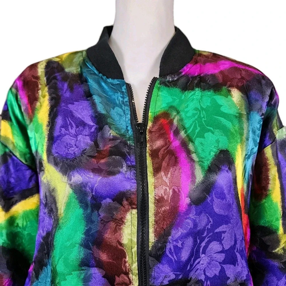 Casual Corner Satin Bomber Jacket Womens One Size Colorful Jacquard Abstract 80s - Picture 3 of 12